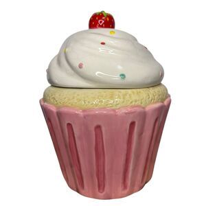 World Market Ceramic Cupcake Cookie Jar Large Strawberry Topper Kitchen Decor